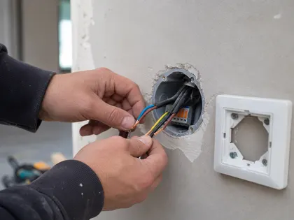 Elektrikář zapojuje vodiče do zásuvkové krabice ve zdi