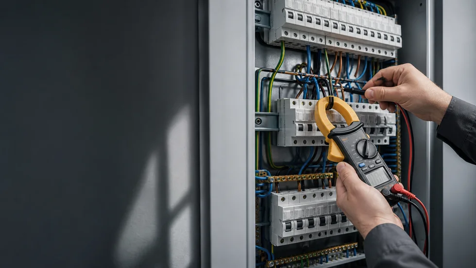 Elektrikář u rozvaděče s jističi a měřicím přístrojem