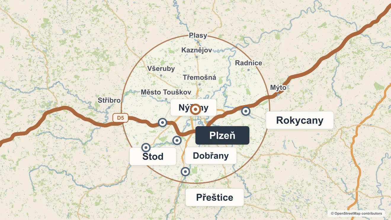 Mapa působnosti VK Elektro Plzeň: Plzeň, Rokycany, Dobřany, Nýřany, Přeštice, Stod a okolí